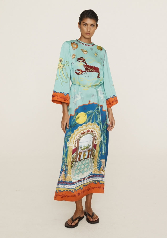 ALEMAIS Surrealist Summer Midi Silk Dress