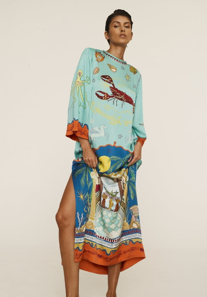 ALEMAIS Surrealist Summer Midi Silk Dress