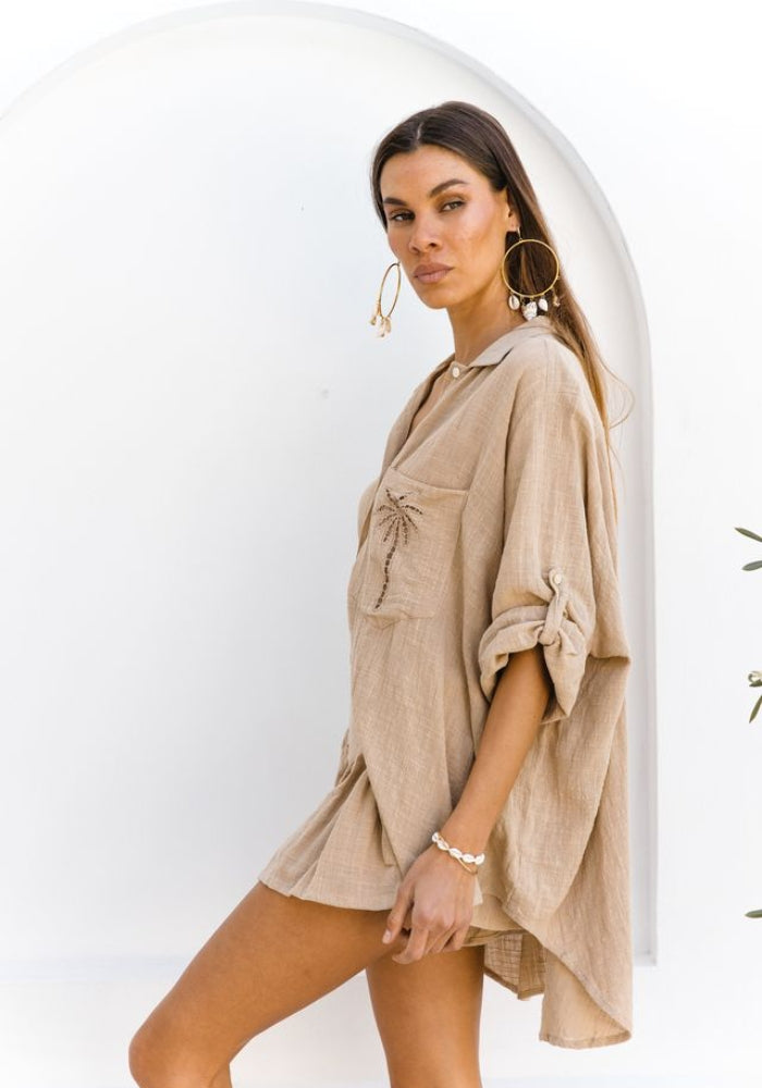 CABO 3 Palm Shirt Dress- Almond