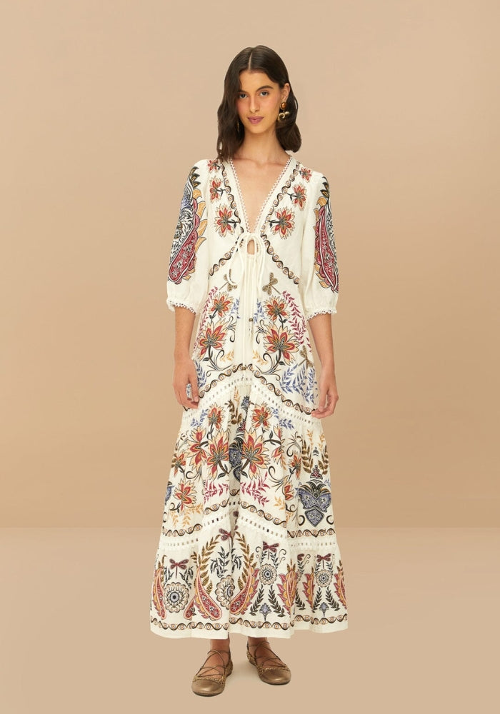 FARM RIO Boho Glam Off-White Maxi Dress