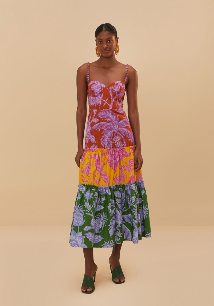 FARM RIO Tropical Swing Mix Midi Dress