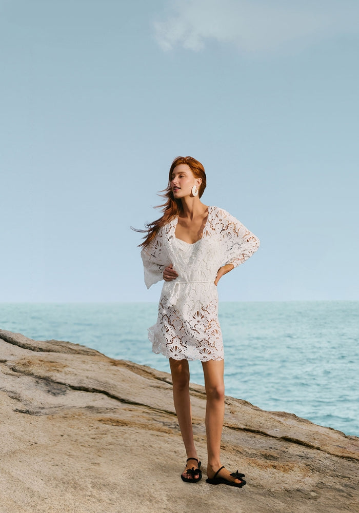 FARM RIO White Seashell Eyelet Mini Dress 