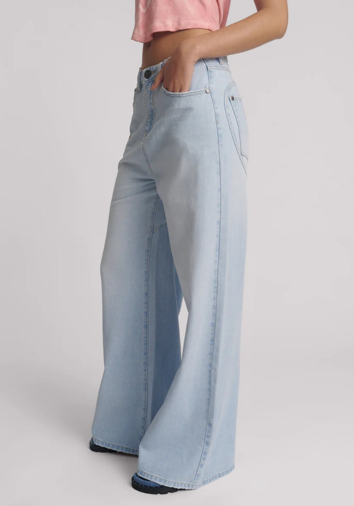 ONE TEASPOON Love Machines Mid Waist Super Wide Leg Denim Jeans - Blue Heart