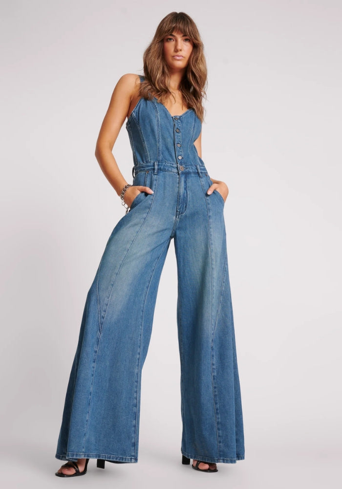 ONE TEASPOON Gritty Blue Freida Fit N Flare Denim Jumpsuit 