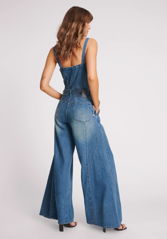 ONE TEASPOON Gritty Blue Freida Fit N Flare Denim Jumpsuit 