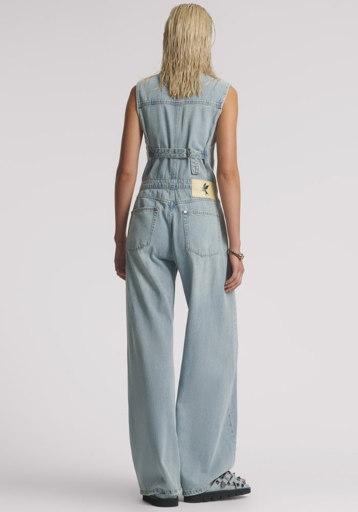 ONE TEAPSOON Love Machines Sleeveless Wide Leg Fitted Denim Jumpsuit 