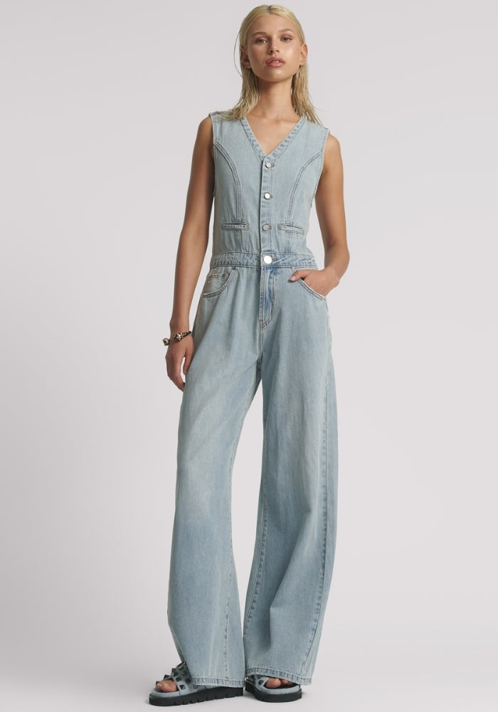 ONE TEAPSOON Love Machines Sleeveless Wide Leg Fitted Denim Jumpsuit 